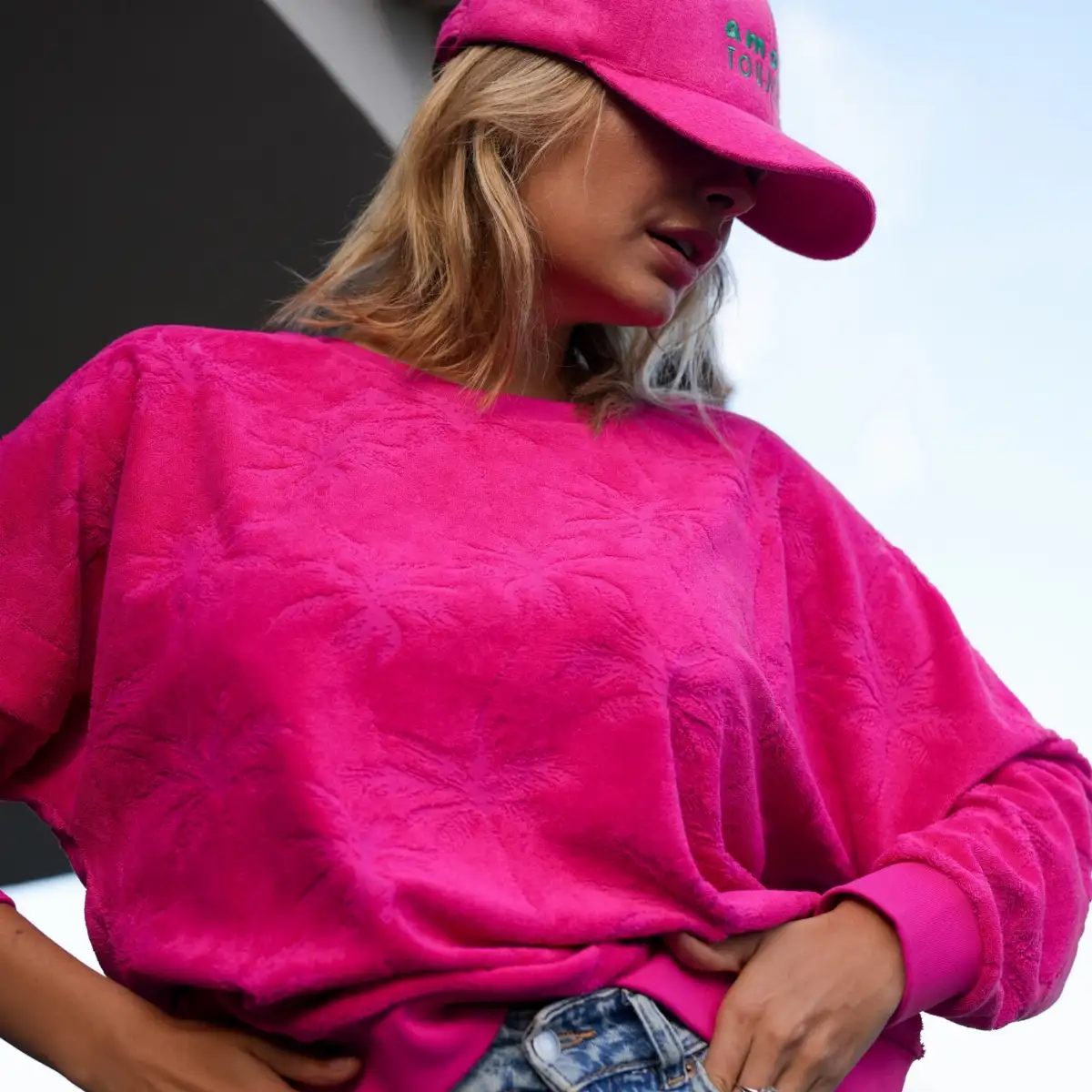 Sweat Sonia éponge rose jacquard palmier